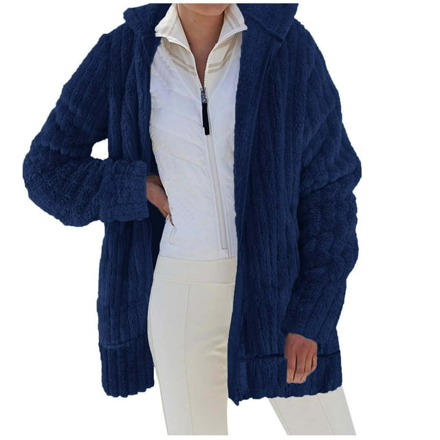WEIYLL Fall Jackets for Women 2025 Solid Color Warm Plush Zipper Pocket Long Sleeved Hooded Blue Cold Weather Tops Size M