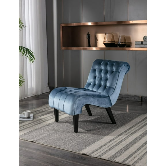 Modern Velvet Armless Accent Living Room Chair / Leisure Chair,Upholstered Fabric Button Comfortable Chair with Wooden Legs for Bedroom, Living Room, Office (Light Blue Velvet)
