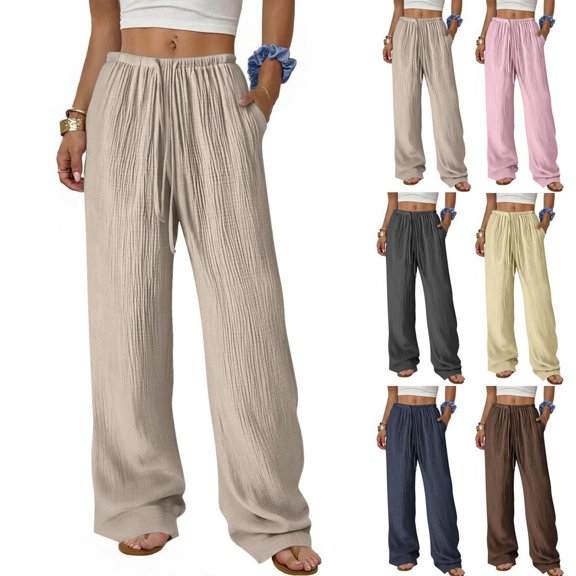 BXSRUTA Women's Casual Wide Leg Pants with Pockets Elastic High Waist Straight Leg Trousers Soft Linen Blend Comfortable Daily Basic
