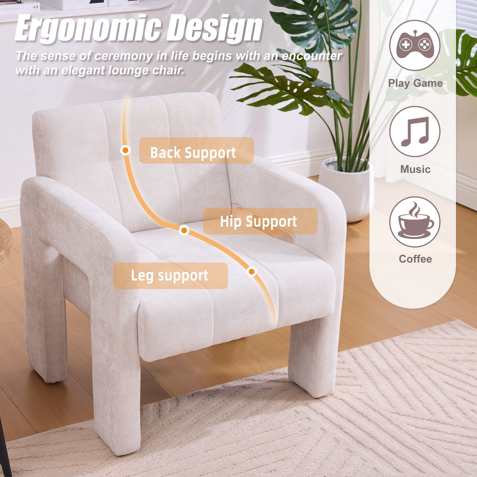 Sailvan Modern Minimalist Single Armchair,Soft Chenille Accent Chair for Living Room,Bedroom & Office,Comfy Nordic Reading Chair Beige