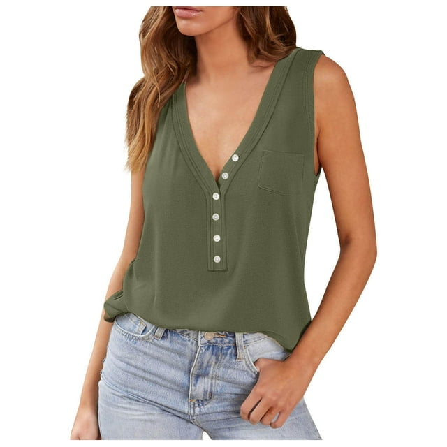 AherBiu Summer Tank Tops for Women Ribble Knit Half Button Deep V Neck Sleeveless Casual Shirts Blouse