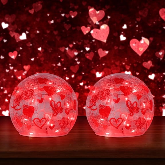 YEAHOME Valentines Day Decorations, Set of 2 Crackle Glass Ball Led Lights with Love Heart Pattern for Table Decor, Lighted Globes with Timer for Home Indoor Living Room Mantel Centerpiece, Red C113