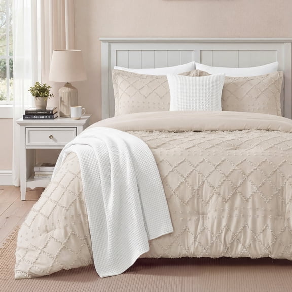 U by Bedsure Boho Comforter Set, Boho Tufted Shabby Chic Bedding Comforter Set, 2 Pieces Vintage Farmhouse Bed Set for All Seasons, Soft Bedding Set with 1 Pillow Sham, Twin, Oat Milk