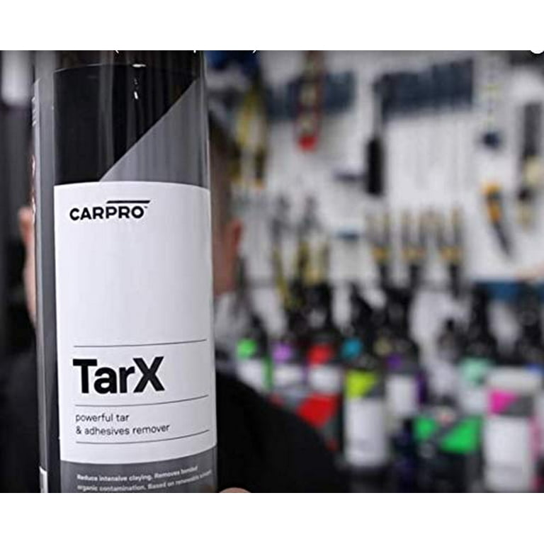 CarPro TarX Tar & Adhesive Remover  Watch Tar and adhesive melt away and  wipe off with ease! CarPro Tar X is a professional strength tar, adhesive,  and bug remover as well