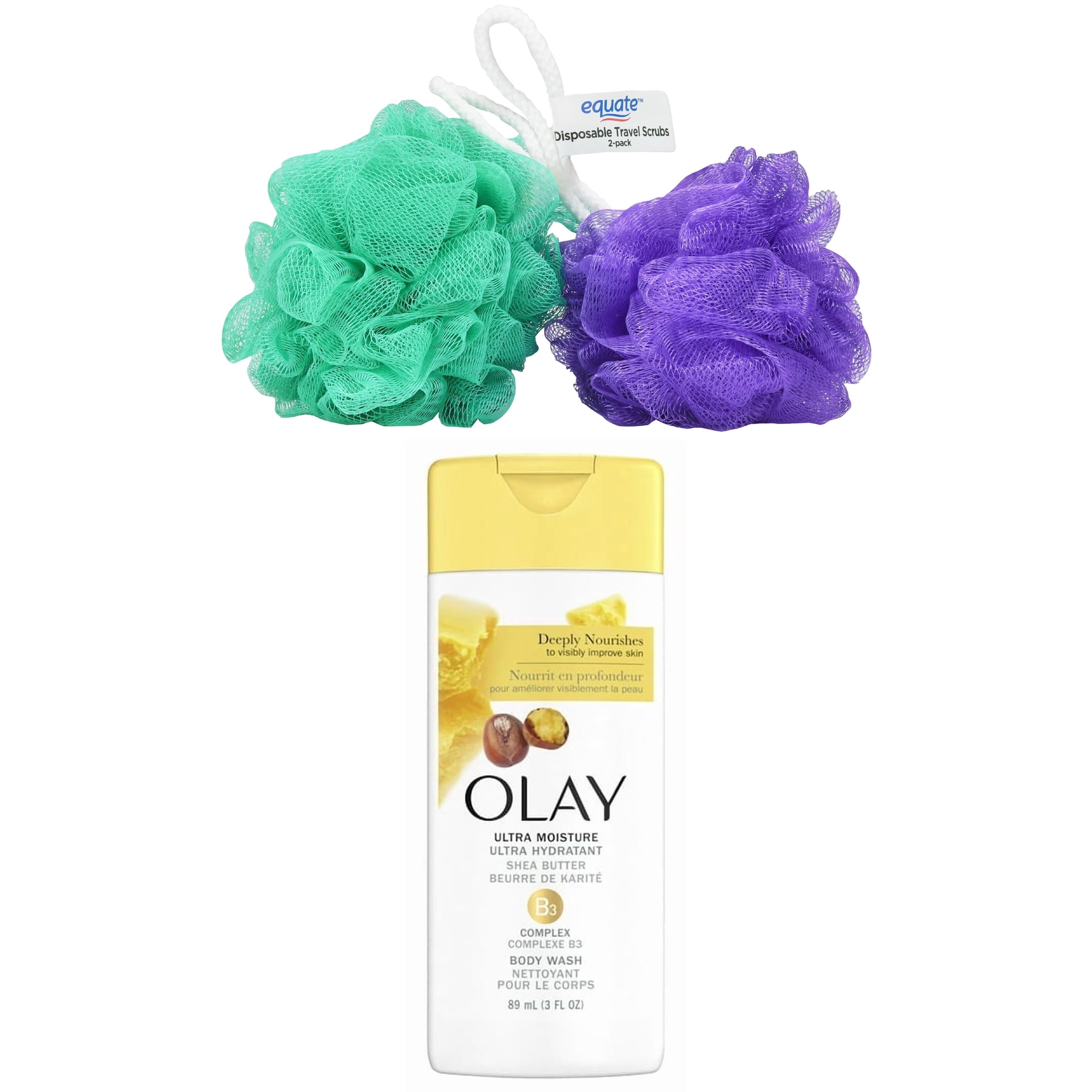 Olay Ultra Moisture Body Wash with Shea Butter & Equate Bath Poufs, 2 Ct
