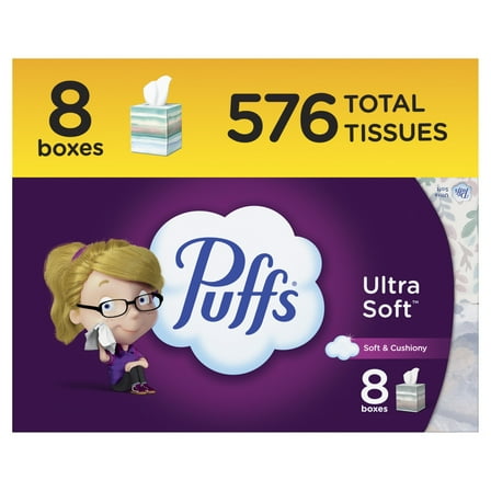Puffs Ultra Soft Facial Tissues, 8 Mega Cube Box, 72 Facial Tissues per Box