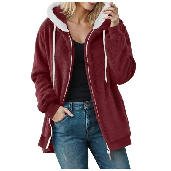 felwors Women Solid Color Hooded Zipper Pocket Plush Sweatshirt Jacket Red, L