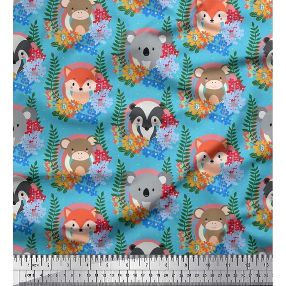 Soimoi Silk Fabric Leaves,Floral & Cute Animals Cartoon Printed Fabric 1 Yard 42 Inch Wide