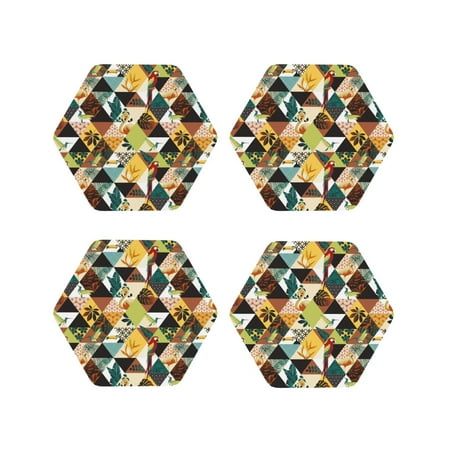 

Leather Coasters Set of 4 - Tropical Parrot Flamingo Bird Lightweight Non-Slip Drink Coasters for Desk Anti-Scalding Desk Cup Coasters for Office Table Decor Hexagon