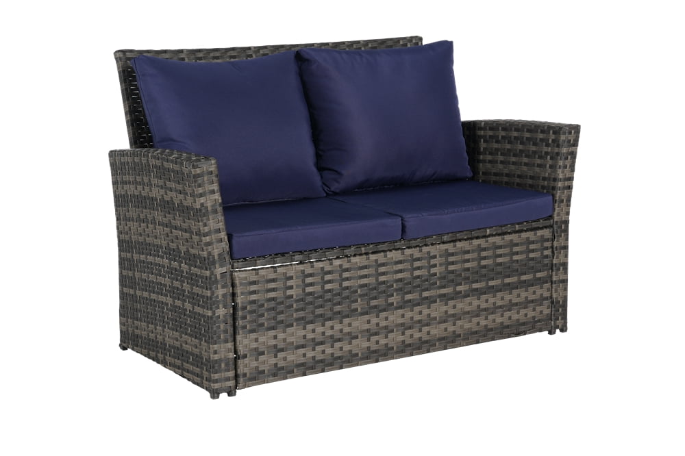 4 Pieces Patio Conversation Set, Outdoor Furniture Set with Cushion, Outside Sectional Rattan Wicker Sofa for Garden, Porch, Backyard, Blue