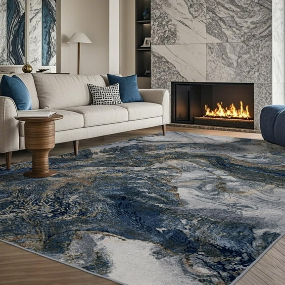 Modern Washable Rug for Living Room: Abstract 6x9 Area Rugs for Bedroom Low Pile Non Slip - Stain Resistant Carpet for Dining Room Indoor - Blue Gold