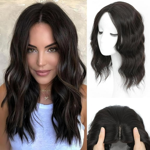 3D Hair Toppers 16inch for Women with Thinning Hair, Middle Part Clip in Bangs Synthetic Curly Wavy Topper for Women Daily (4K) Dark Brown