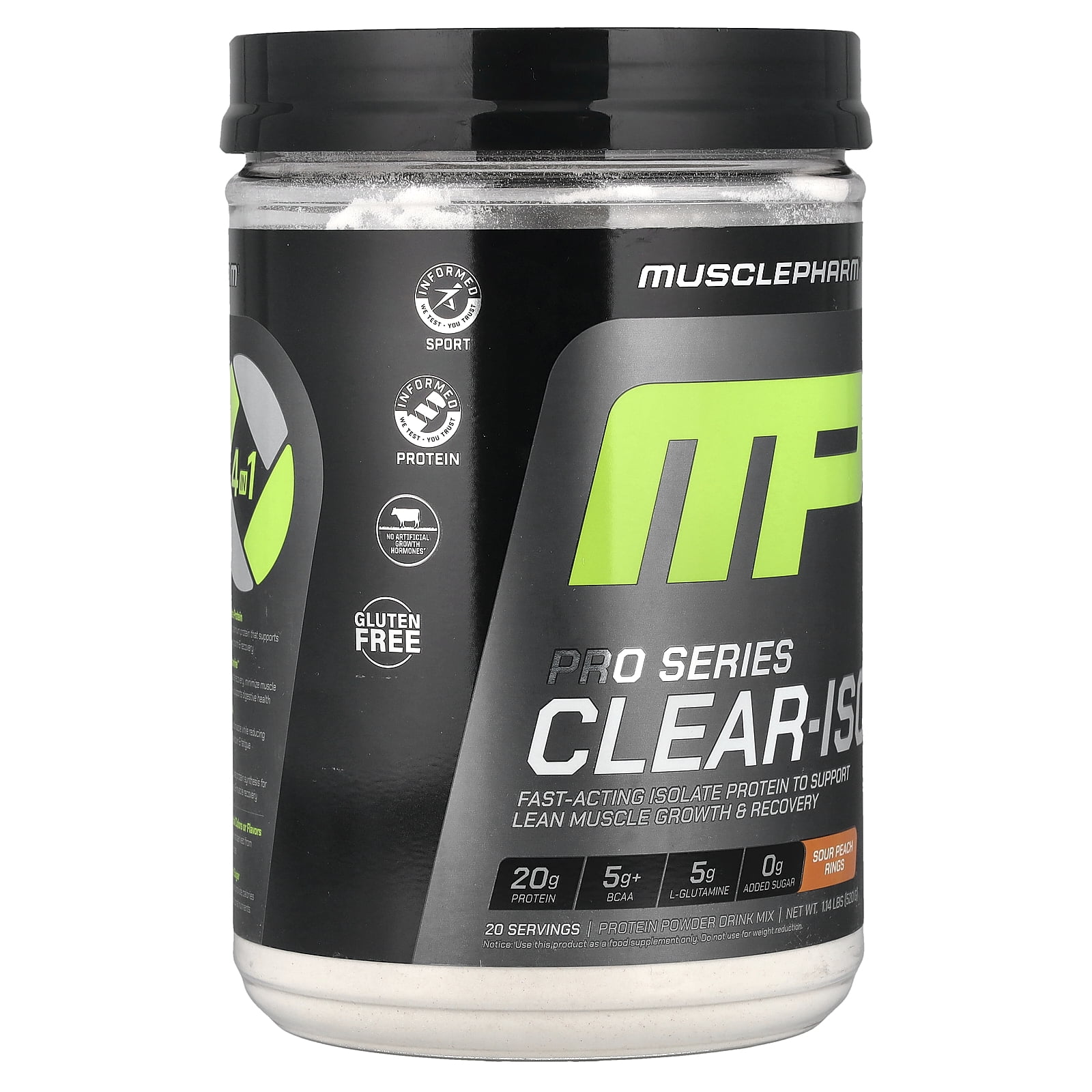 MusclePharm Pro Series Clear-ISO, Protein Powder Drink Mix, Sour Peach Rings, 1.14 lbs (520 mg)