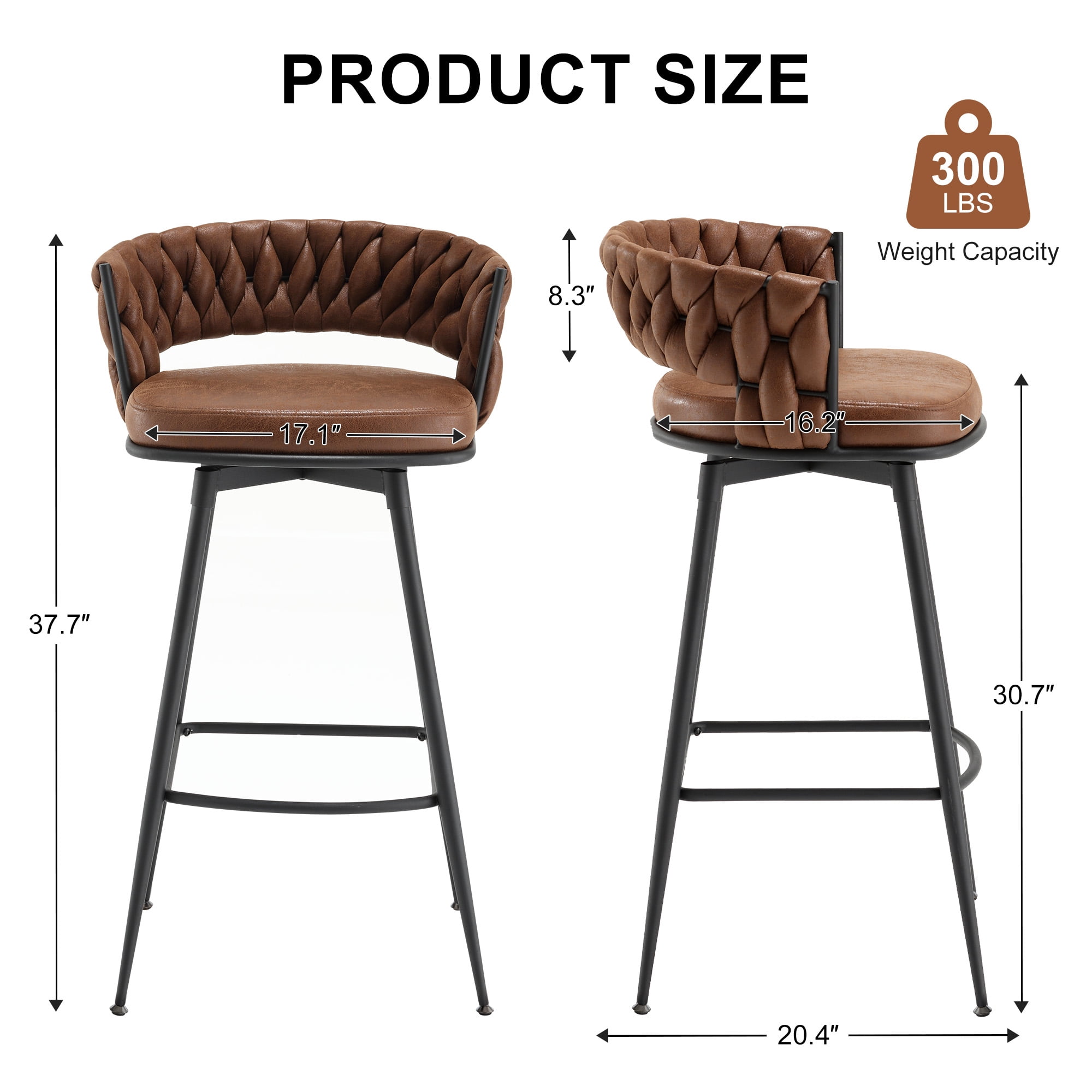 MYFUNT Bar Stools Set of 4, 30" Counter Height Stools, 180° Swivel Woven Back Barstools with Metal Footrest, Modern Bar Stools for Kitchen Island, Cafe, Pub, Brown