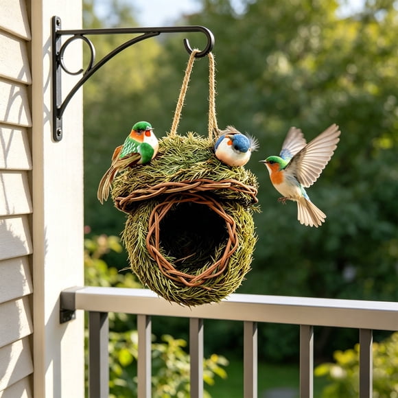 Outdoor Hanging Bird House Nest with Simulated Grass Woven Birdcage Birdhouse for Small Birds, Green, 14 x 14 x 14 cm, 1-Pack
