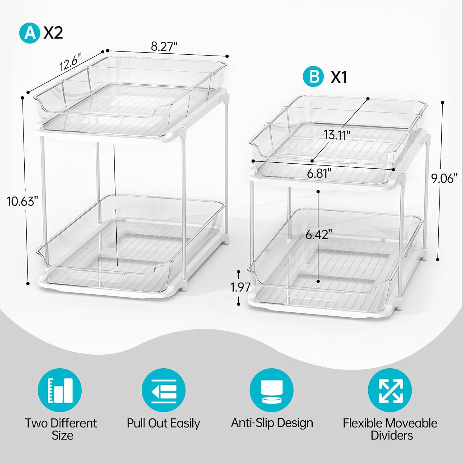 3 Pack 2-Tier Bathroom Under Sink Organizers and Storage, Multi-Purpose Stackable Pantry Organization and Storage, Pull Out Clear Kitchen Bathroom Cabinet Organizer with Movable Dividers, White