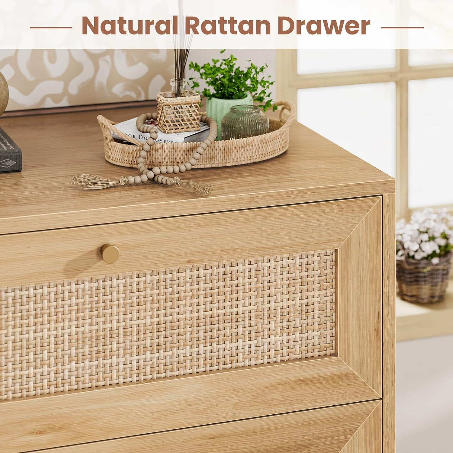 Rattan Nightstand with Charging Station & 3 Drawers, Boho Bedside Table for Bedroom