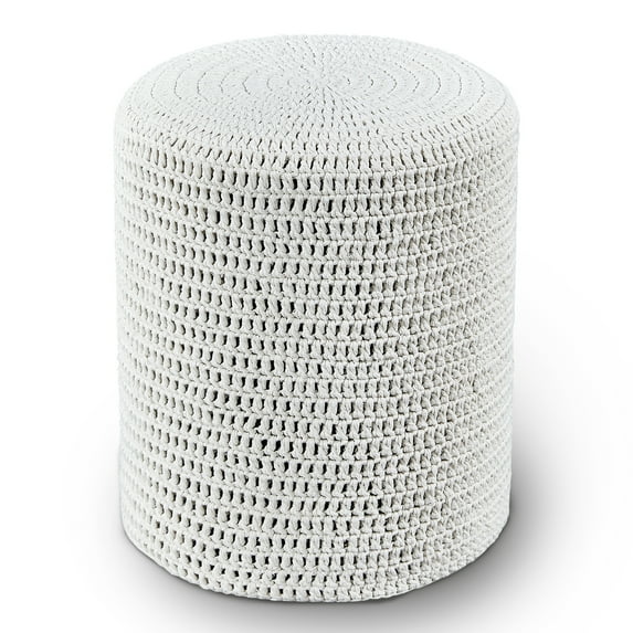 Pouf Ottoman, Hand Knitted Cotton Footrest, Boho Decor Knit Floor Stool for Bed Room, 14'' Round Pouffe Ottoman, Hollowed Removable Knitted Cover, Accent Seat for Living Room