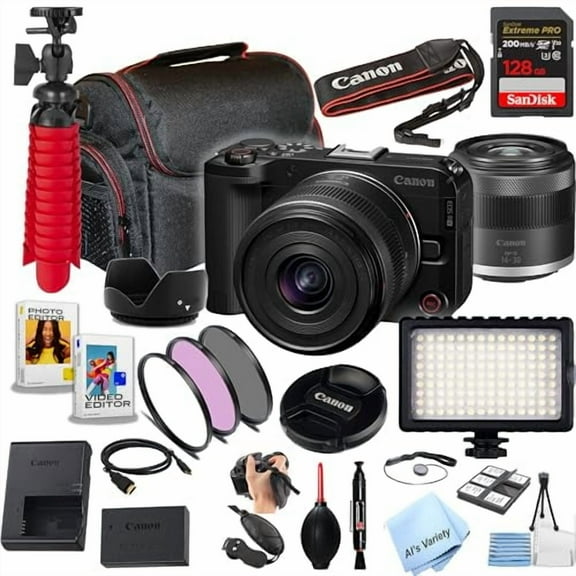 Canon EOS R50 V 24.2MP APS-C CMOS Sensor Mirrorless Camera with 14-30mm Lens, 128GB Extreme Speed Memory, Video Light, Filters, Case, Software and More (Essential Bundle) (International Version)