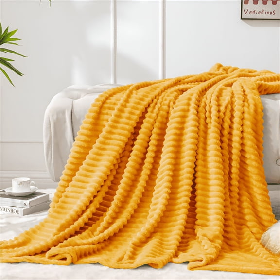 ARLAJO Fleece Blanket-3D Ribbed Jacquard Yellow Throw Blanket Lightweight Warm Cozy Soft Fuzzy Blankets All Seasons Suitable 50X60 Inches