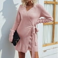 thumbnail image 2 of Long Sleeve Dress for Women Wrap V Neck Solid Color Knitted Short Mini Dress Tie Waist Slim Fitted Fall Sweater Dress, 2 of 6