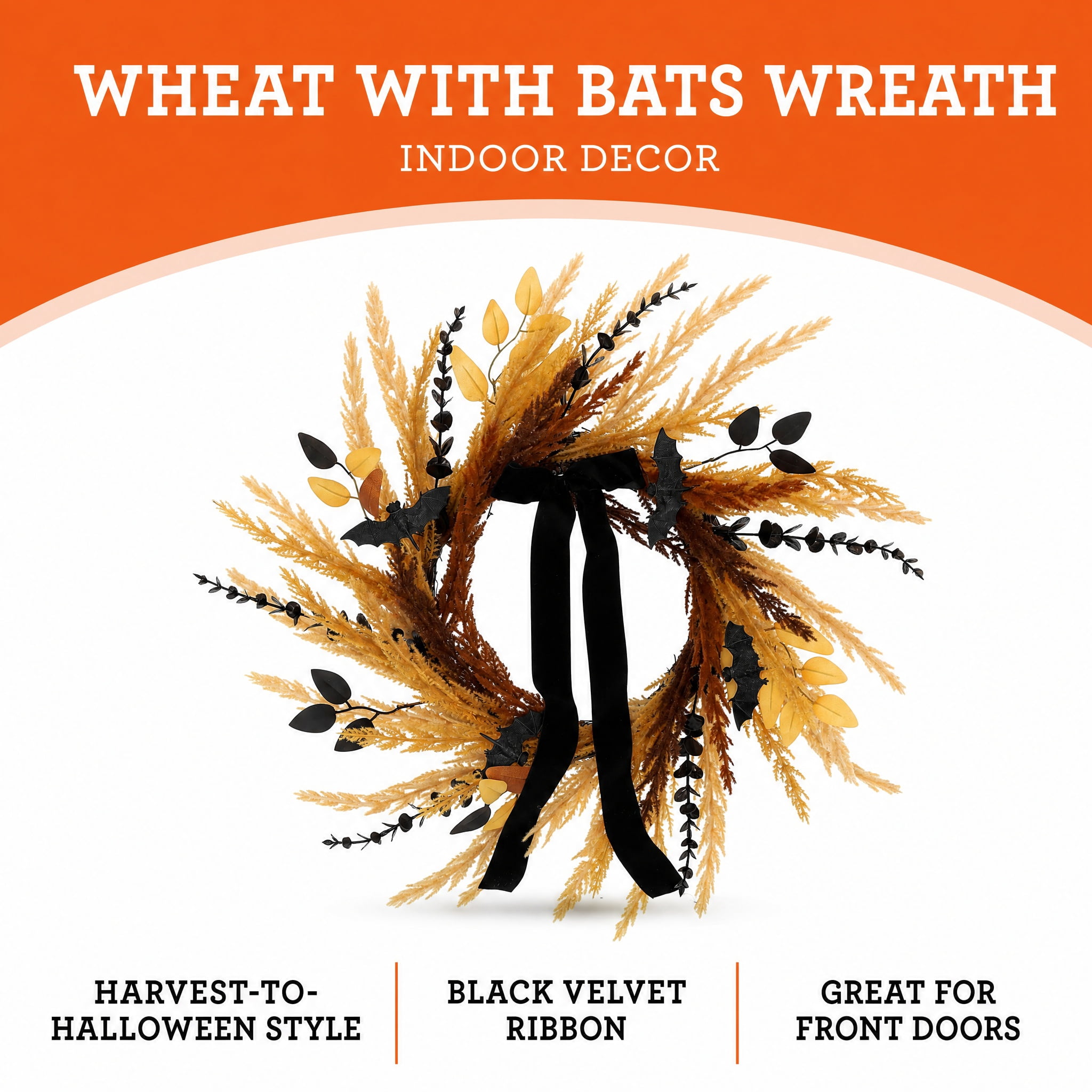Wheat with Bats Wreath, Yellow and Black, 24", Halloween by Way To Celebrate