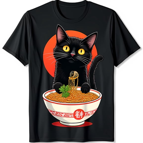 Adorable Black Cat Ramen Graphic T-Shirt Cute Slurping Design for Cat Lovers