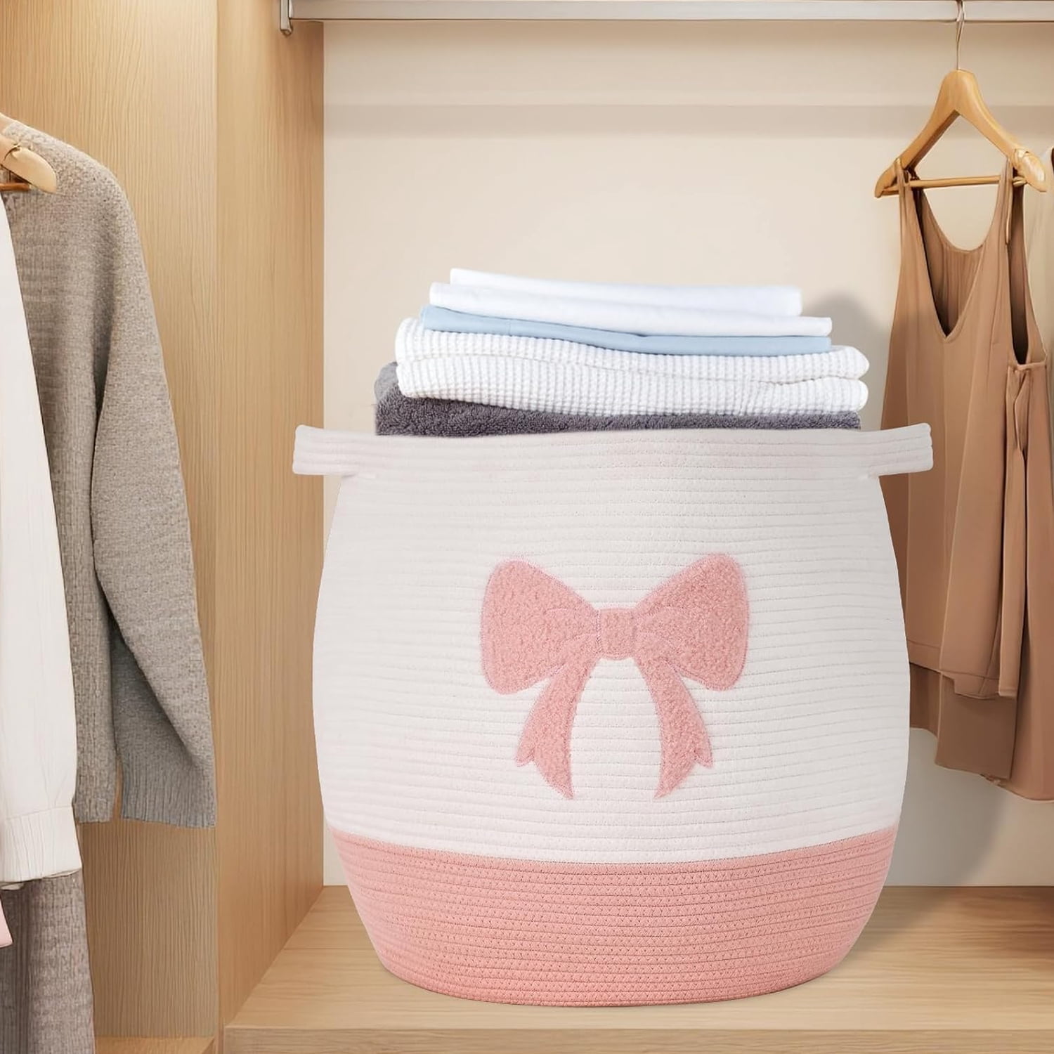 Natubeau Woven Storage Basket for Shelves, Cotton Rope Baskets, Toy and Blanket Storage Baskets for Kids, Pink Bow Round Hamper with Handles, 17"x15.7