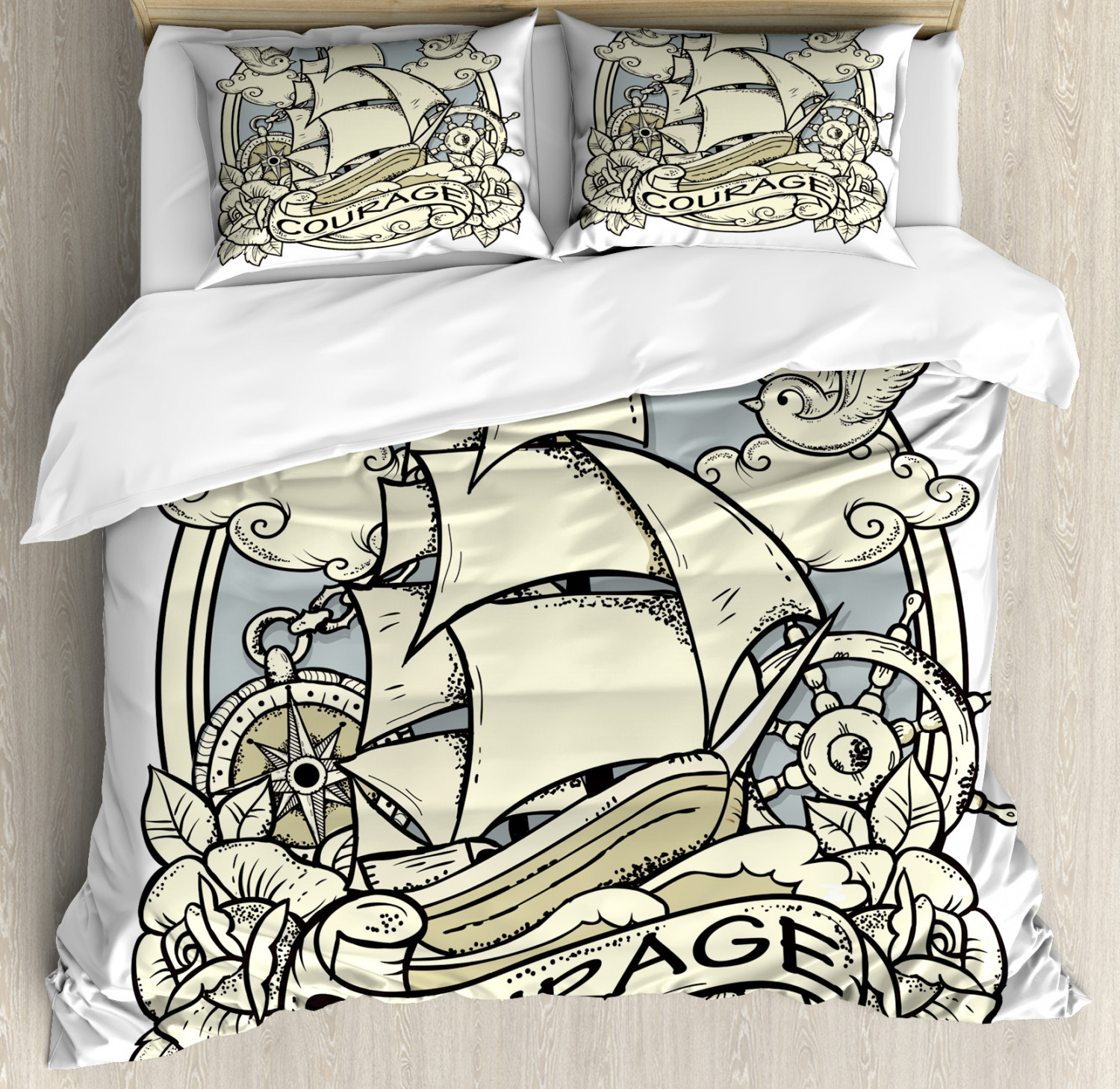 Vintage Boat Queen Size Duvet Cover Set, Courage Theme with Old