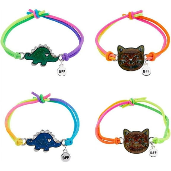 4Pcs 4 Style Cat & Dinosaur Alloy Link Bracelets Set with Rubber Polyester Cord Adjustable Bracelets for Best Friends Mixed Color Inner Diameter: 2 inch(5cm) 1Pc/style