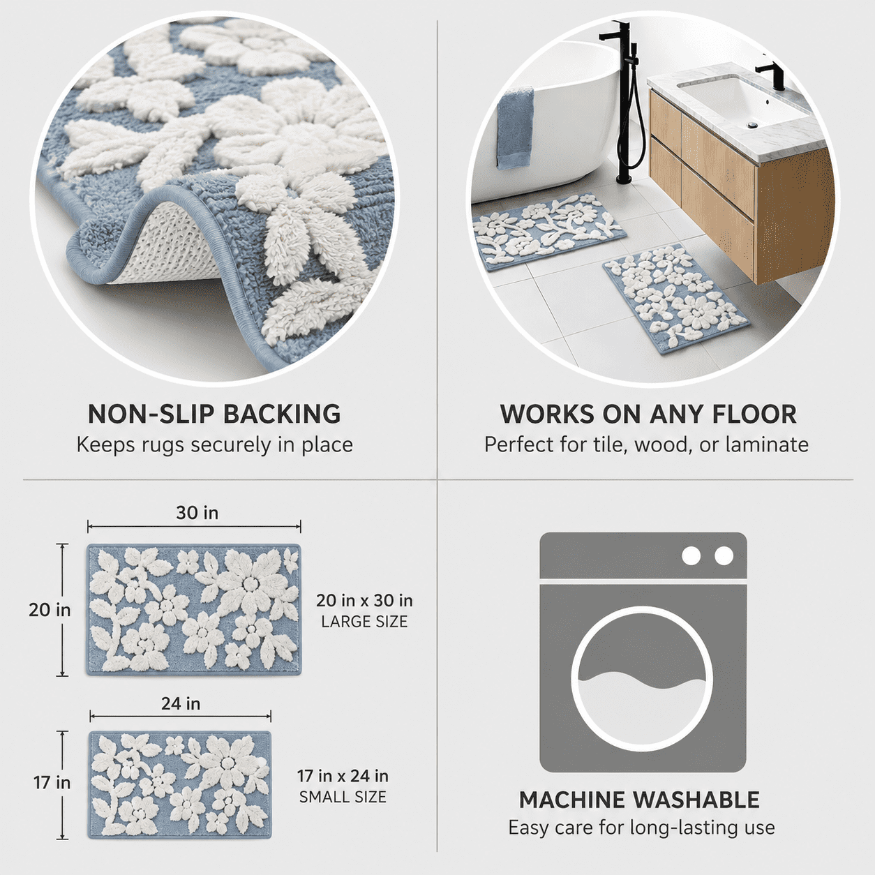 Mainstays 2-Piece Floral Bath Rug Set, Blue, 17 in x 24 in & 20 in x 30 in