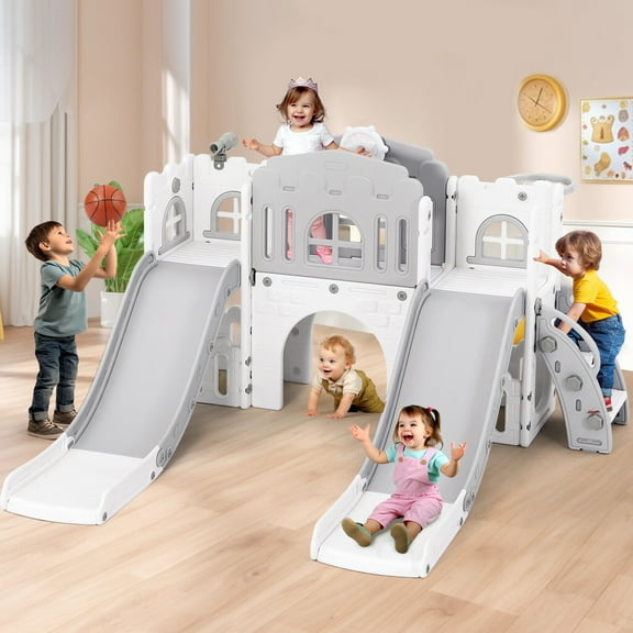 9 IN 1 Kids Playset Toddler Double Slides with Basketball Hoop Climber,, Tunnel, Telescope, Storage Space and Non-Slip Steps, Indoor Outdoor Backyard Playground (White&Gray)