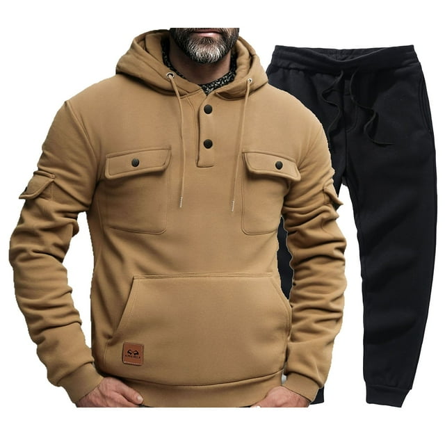 Men's Fleece Sweatshirt and Pants Set with Buttons Hooded Sweatshirt Small Footrest Solid Color Casual Men's Long Sleeved Hooded Set
