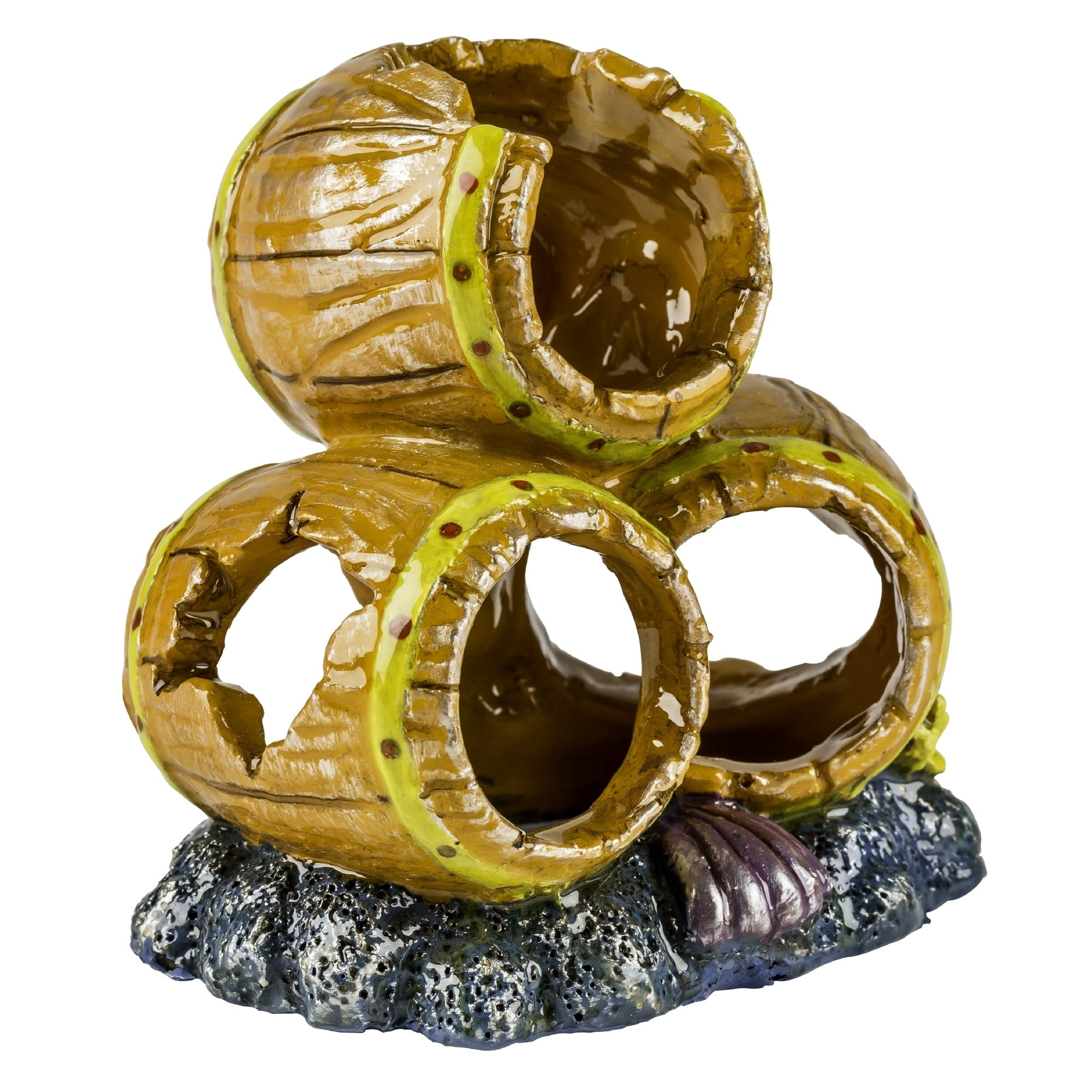 GloFish Barrels Ornament, Small, Detailed Aquarium Ornament, Hideaway