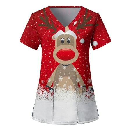 

KEUSN Women s Fashion Ladies Casual Loose V Neck Christmas Print Short Sleeve Pocket Loose Top Workwear winter clothes for women Brown L