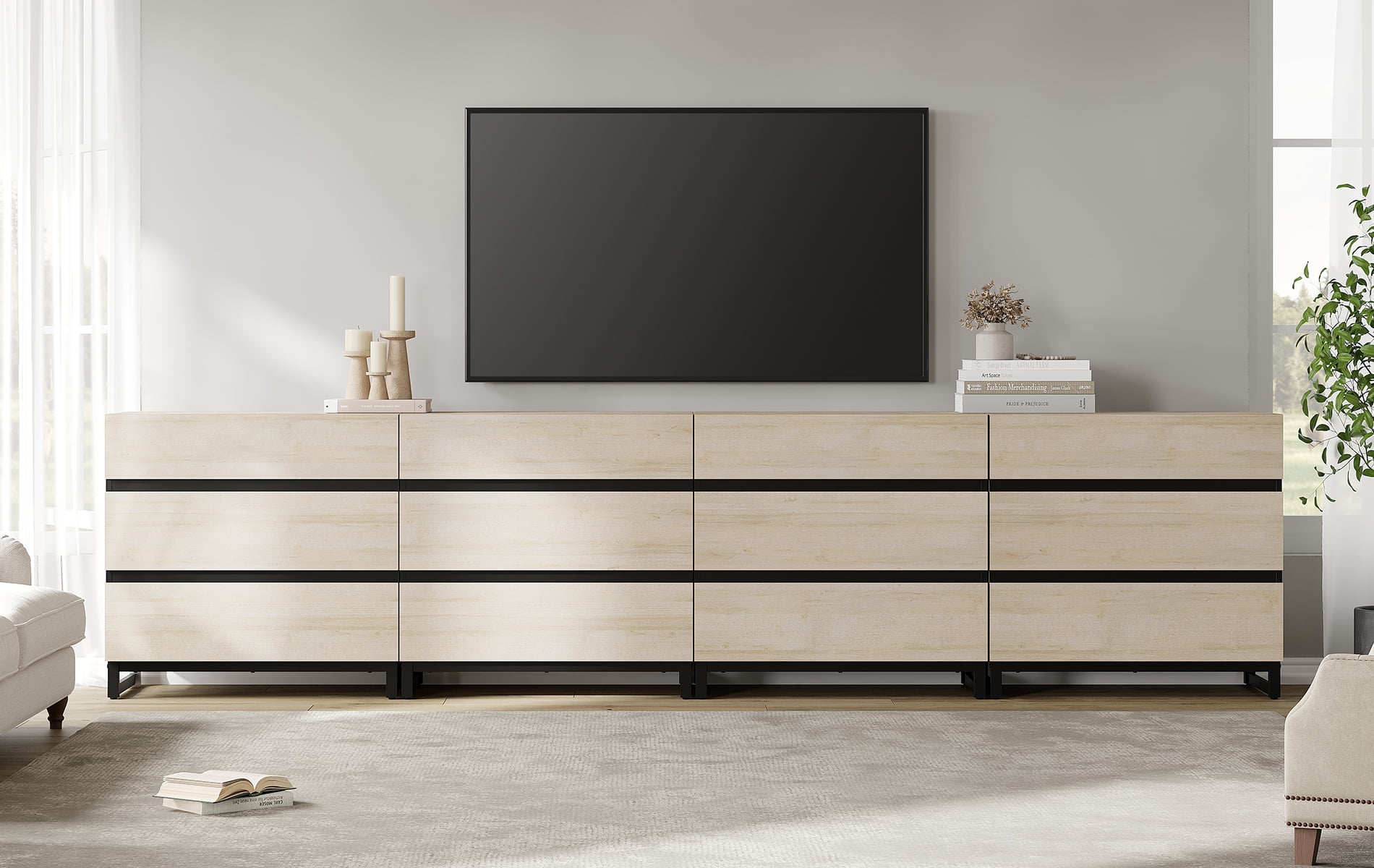 Modern TV Stand with 12 Drawers and Metal Base, Entertainment Center Media Console for Living Room Bedroom, Fits TVs up to 120 Inch, Beige