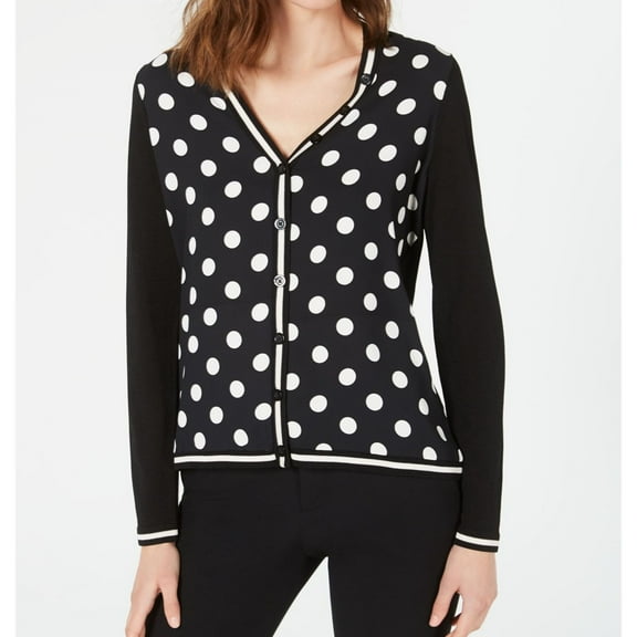 Anne Klein Womens Polka Dot Cardigan Sweater, Black, Small