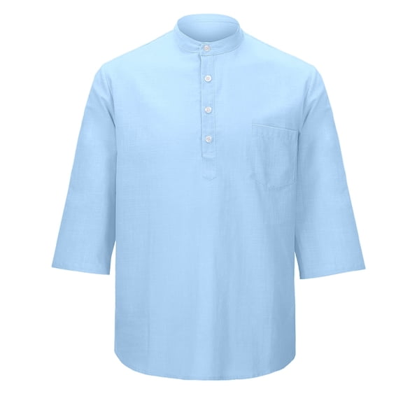 Mens T-Shirt 3/4 Sleeve Crew Neck Henley Shirt Loose Fit Blue Shirt with Button Summer Vacation Beach Shirts