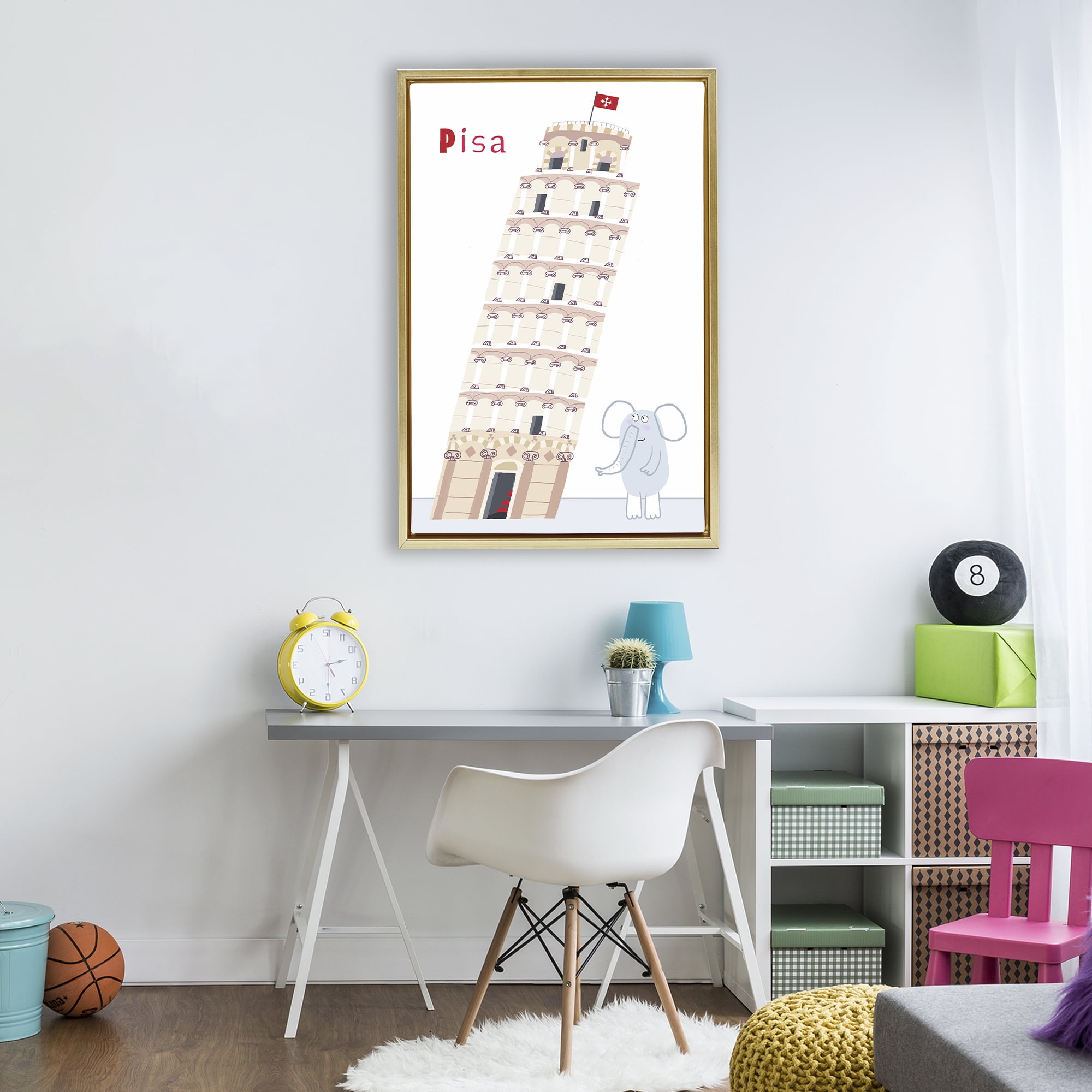 Elephant & Leaning Tower Pisa Gold Framed Floater Canvas Wall Art, design by Carla Daly