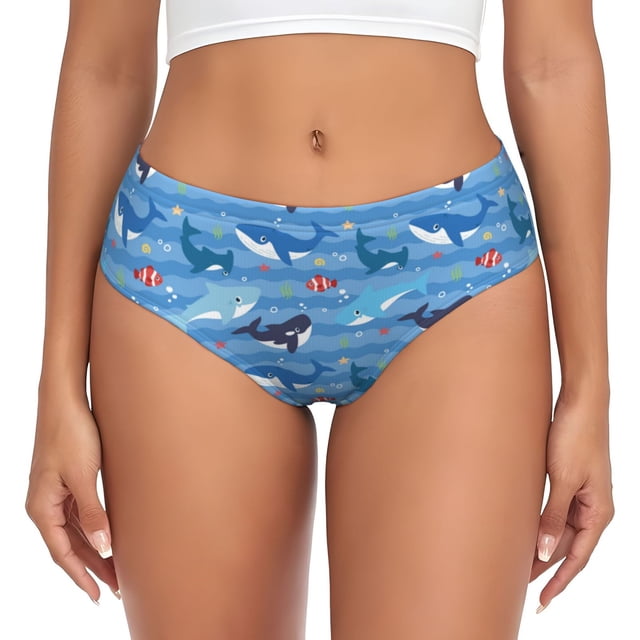 Balery Blue Fish Ropa Interior de Algodón para Mujer con Dibujo – Braguitas Cómodas y Elásticas, Estilo Clásico-Large