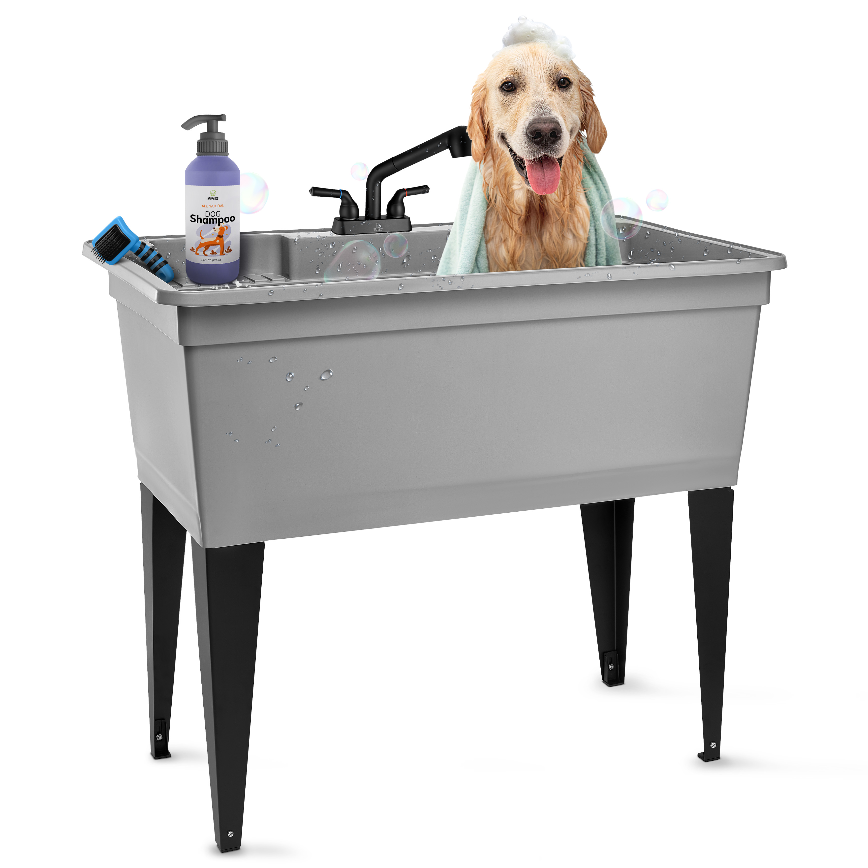 Tehila 37 Gallon Freestanding Grey Double Wide Utility Sink with Steel Legs and Black Pull-Out Faucet
