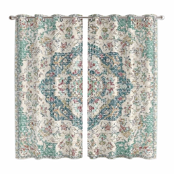 Beige Teal Boho Kitchen Curtains 63 Inch Length, Medieval Vintage Ethnic Floral Abstract Grommet Top Bedroom Living Room Curtains, Light Filtering Cafe Curtain Drapes 2 Panels Set 84''x63''