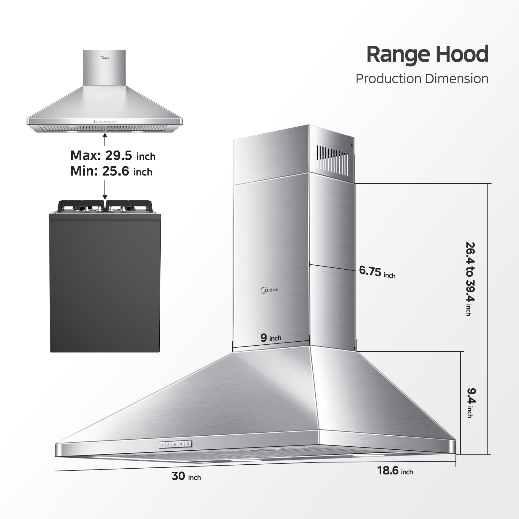 Midea 30-inch Ducted Pyramid Range Hood: 450 CFM, Stainless Steel, 3-Speed Fan, Wall Mount, MVP30W6AST, New