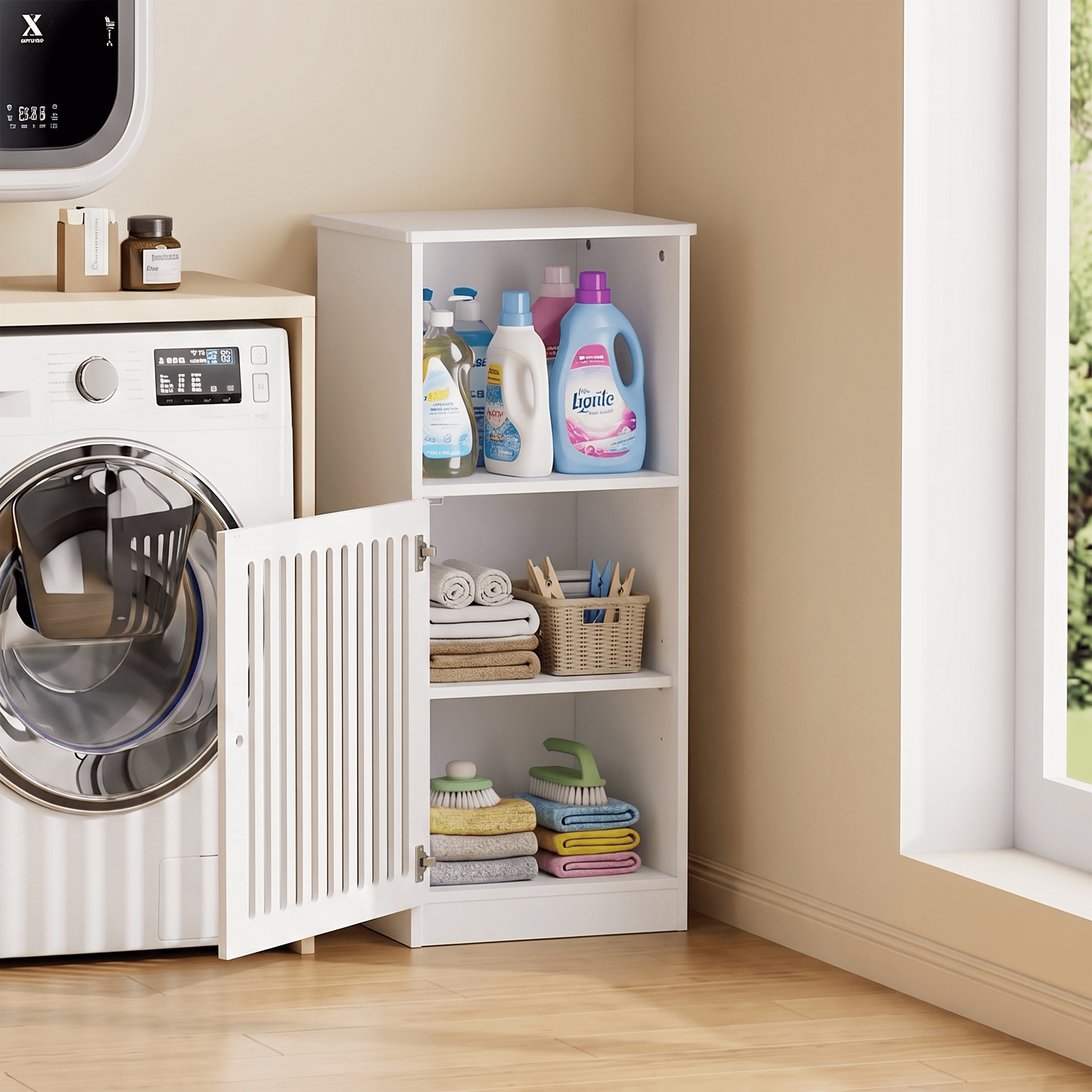 Bathroom low cabinet, louvered door floor-standing bathroom storage cabinet, multi-layer bathroom storage cabinet, white