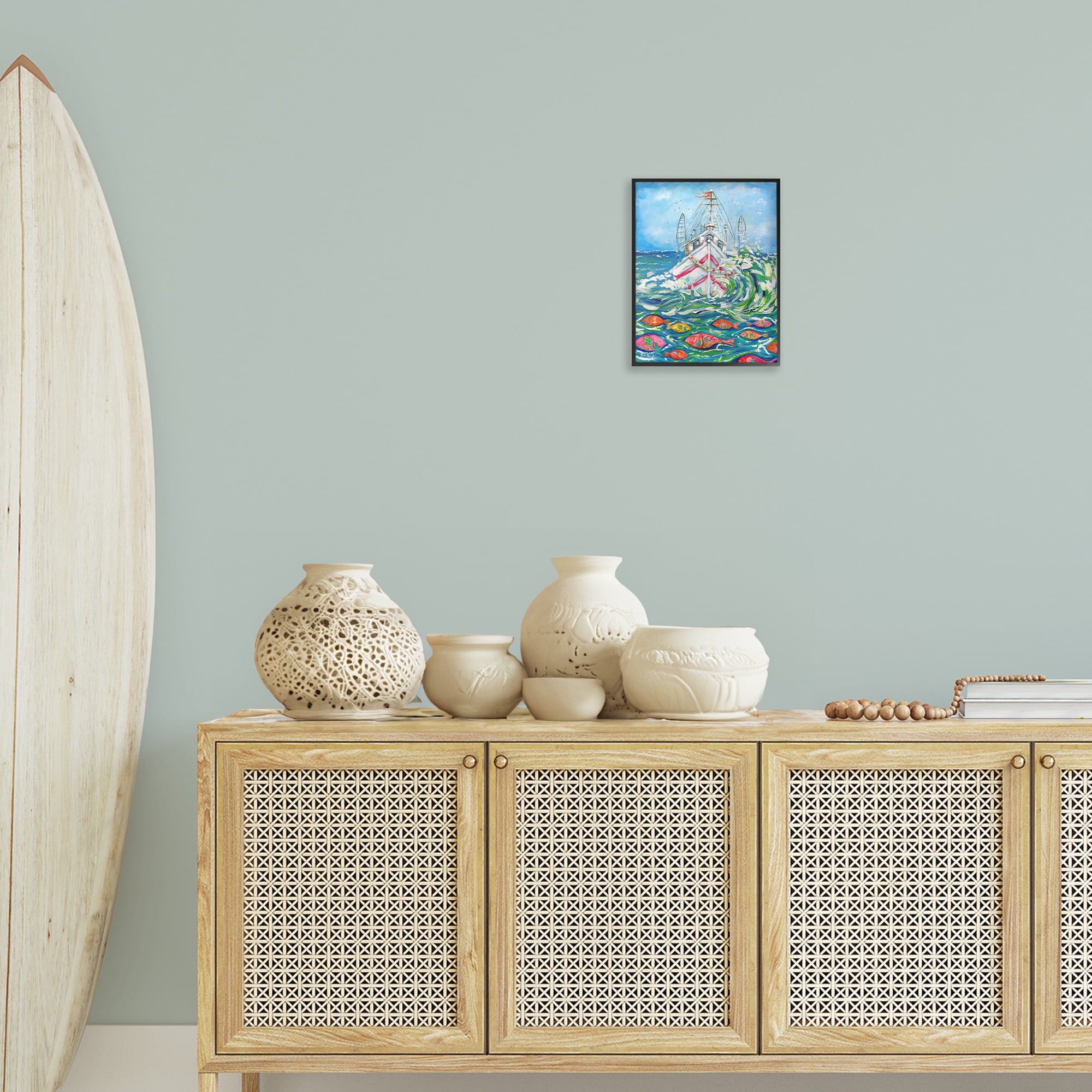 Stupell Industries Boat Net Splashing Transportation Painting Black Framed Art Print Wall Art, 11 x 14