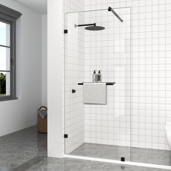 KPUY Frameless 36'' x 76'' Shower Panel, Fixed Shower Screen with 1/4" Tempered Clear Glass, Explosion-Proof Film Nano Coating, Adjustable Support Bar, Matte Black