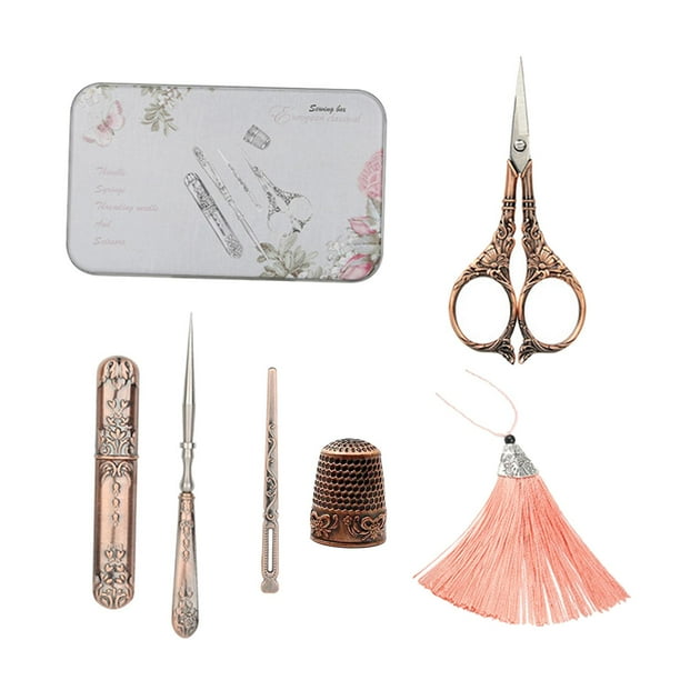 Kit de 5 piezas de herramientas de costura y bordado vintage europeas: tijeras, dedal y estuche. Lirio