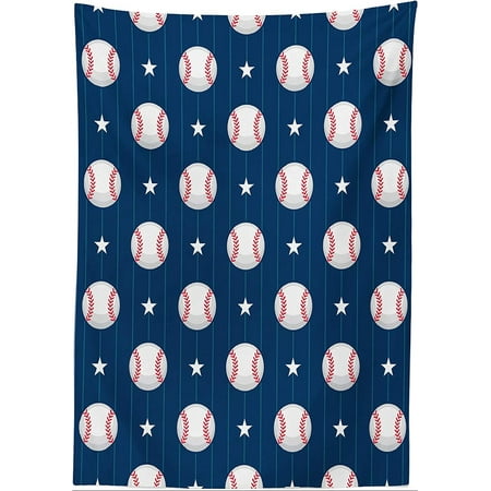 Sports Decor Tablecloth, Baseball Patterns on Vertical Striped Background Stars Artistic Design, Dining Room Kitchen Rectangular Table Cover, 52" X 70", Dark Blue