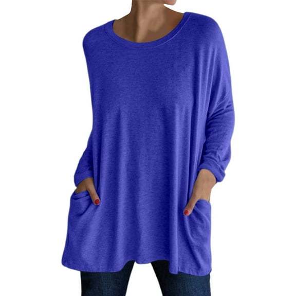 OSOLU Women Crew Neck Long Sleeve Tops T-Shirt Tee Long Tops Solid Color Tshirts Tee With Pockets Versatile Dailywear