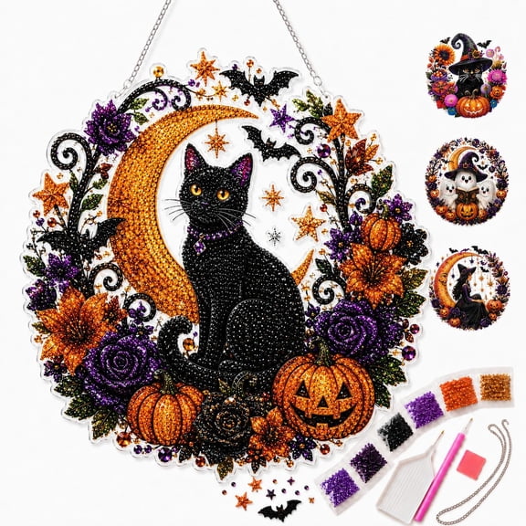 2026 Halloween Witch Friendship Diamond Art Window Suncatcher - Halloween Pearl Art Kit, Double-Sided Acrylic Sun Catcher, Diamond Art Hanging Kits for Adults Beginners